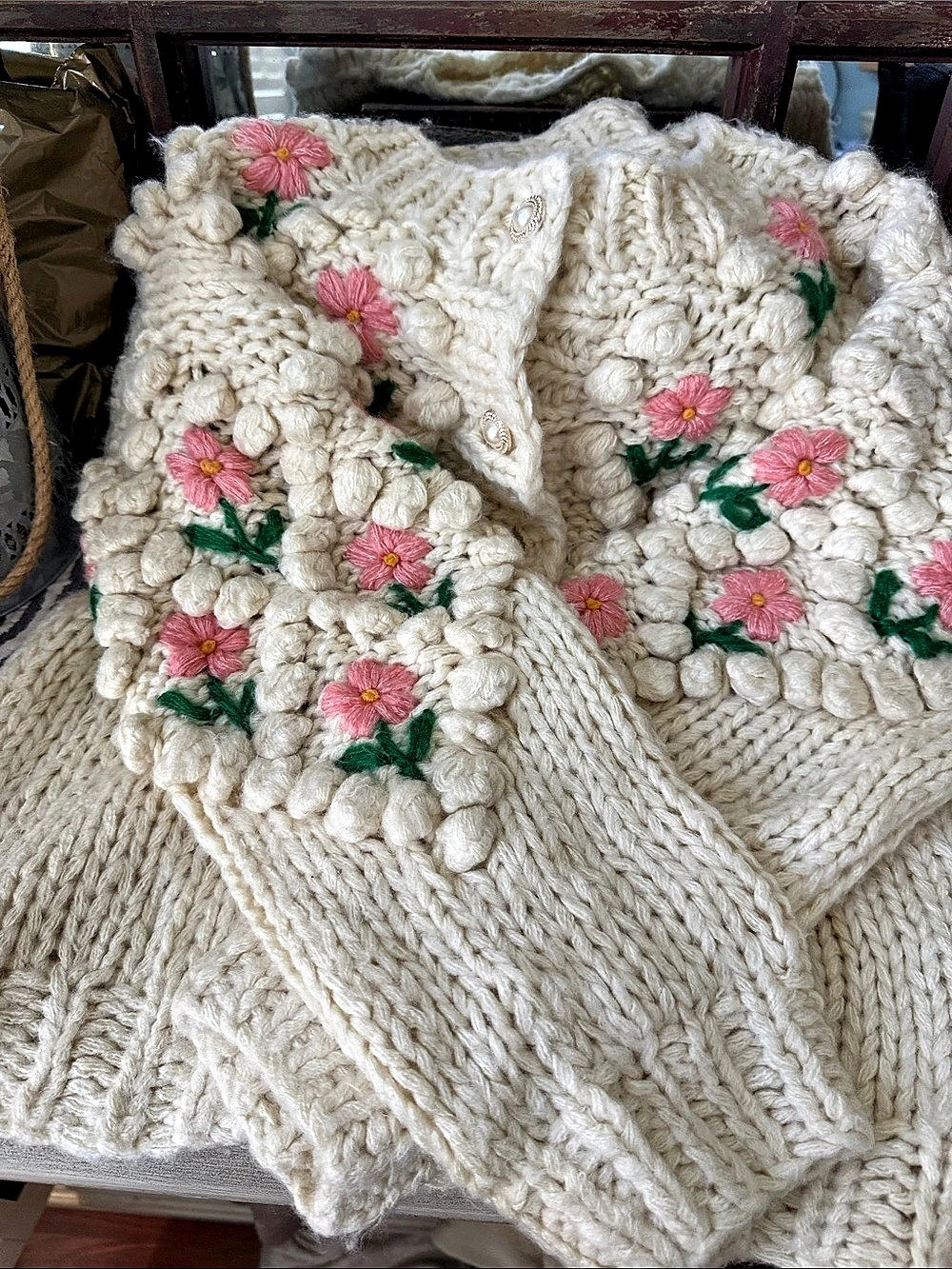 Vita Grace Floral Knit Cardigan in Cream & Pink